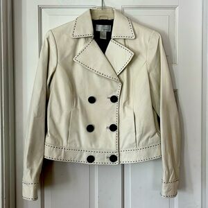Womens Cream Double-Breasted Leather Jacket with Contrast Stitching